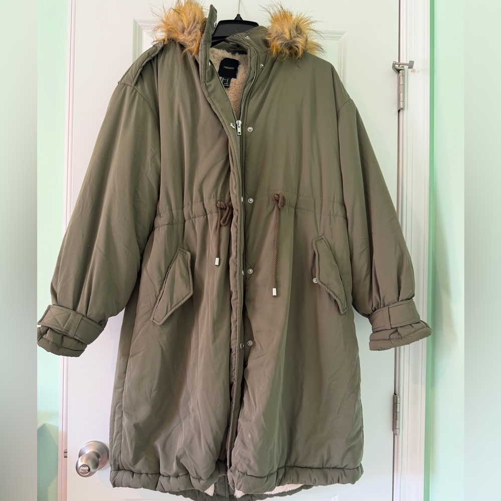 Forever 21 Khaki Puffer Coat with Faux Fur Hood